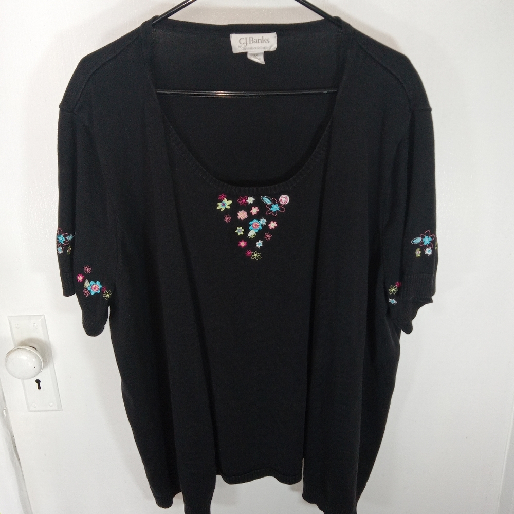 CJ Banks Layered Top Women 3X Black Floral Embroidery Mock Cardigan Knit Shirt